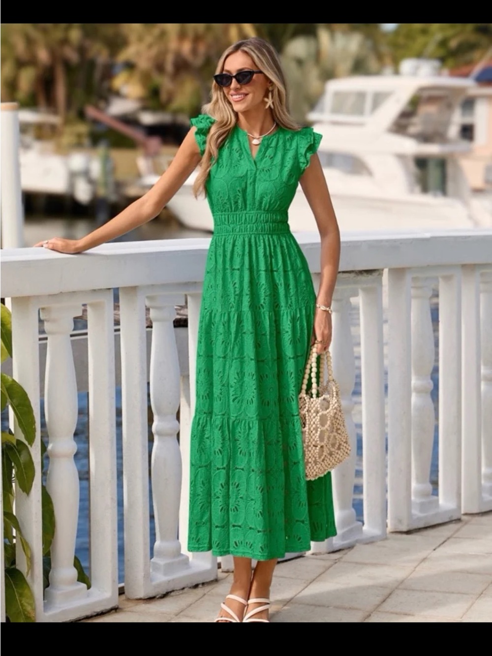 NWT PRETTYGARDEN Boho Maxi Dress Floral Lace Eyelet V-Neck In Green Size Large - Picture 2 of 12